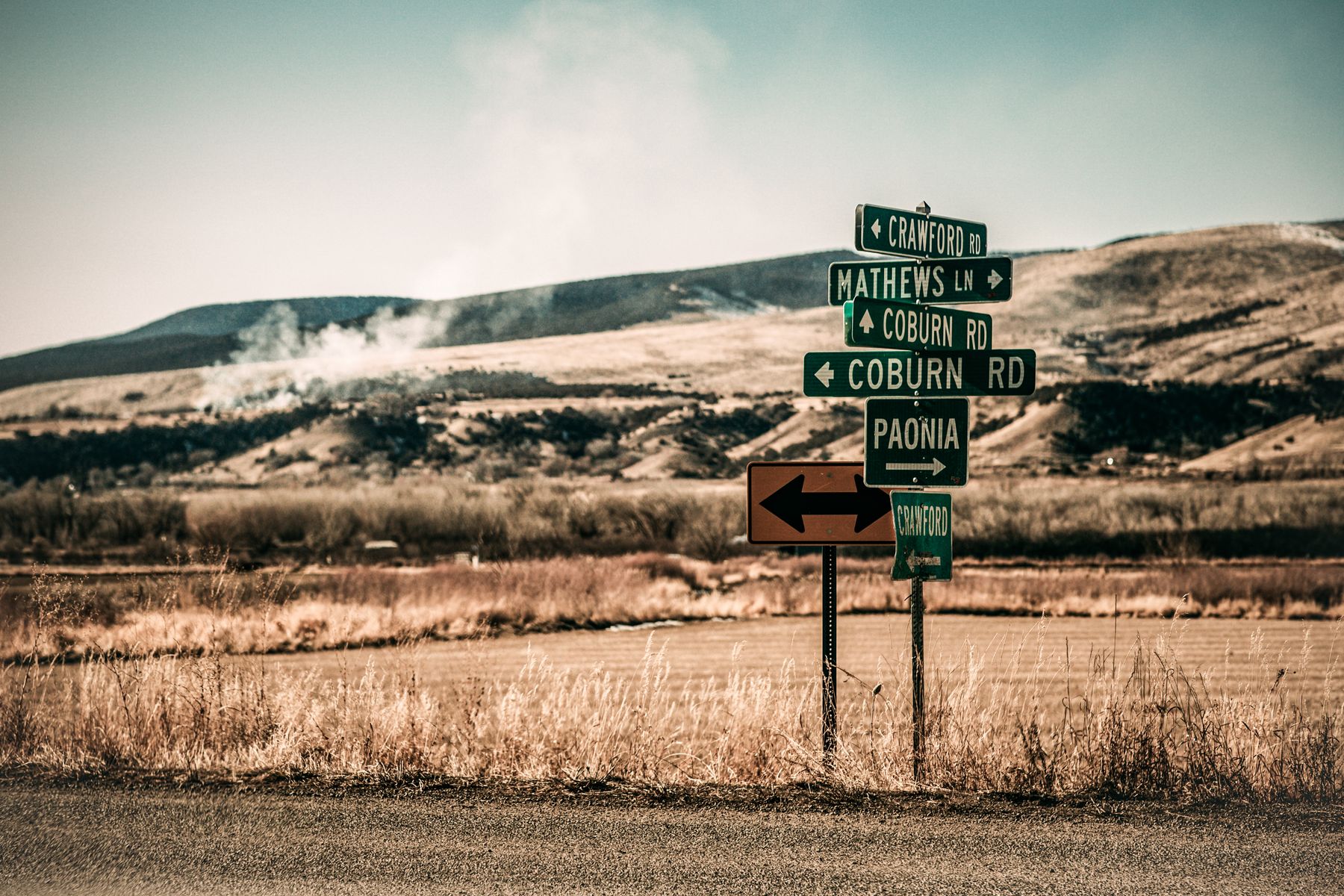 A road sign on a mountain valley road